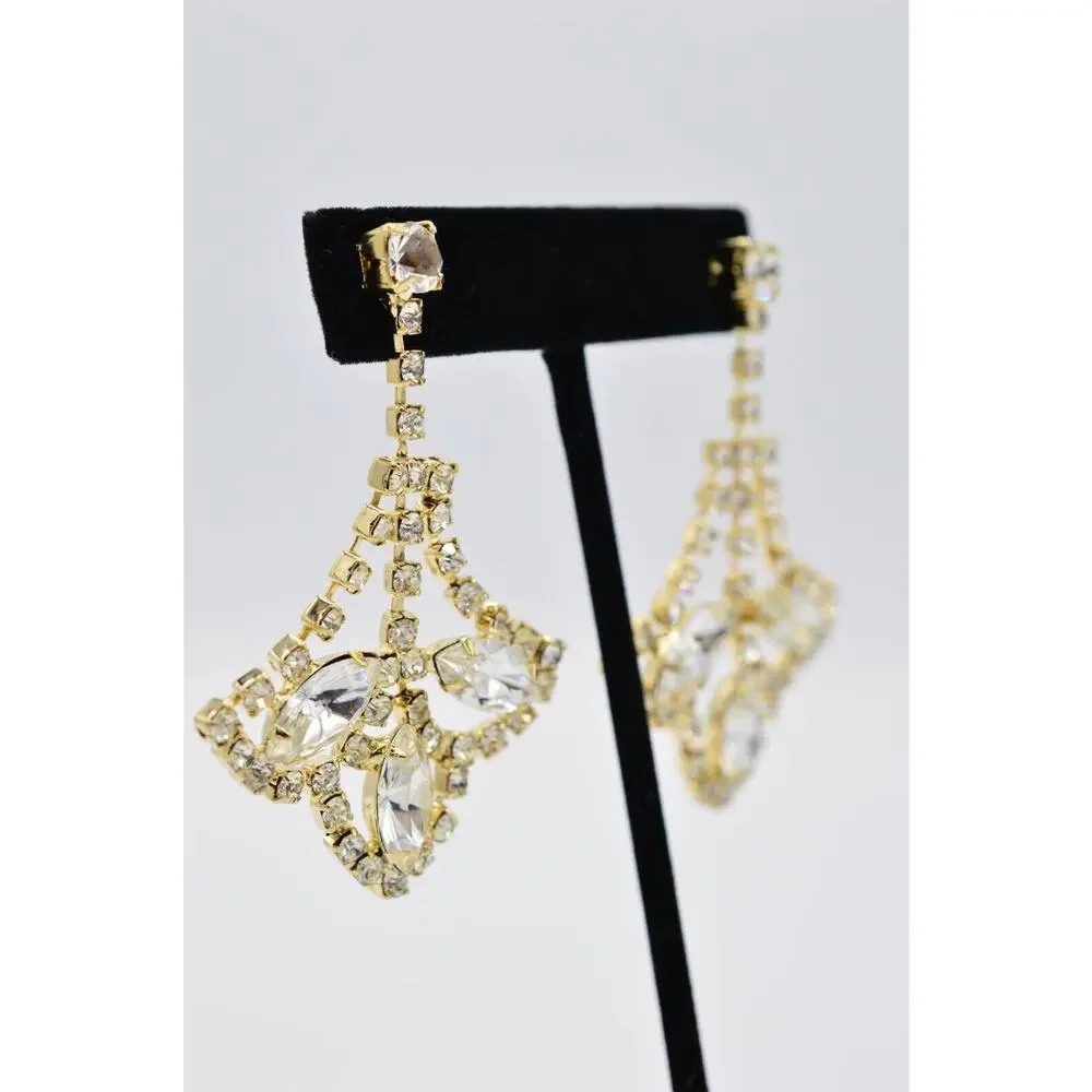 Vintage Crystal Earrings Shiny Gold Prong Rhinestone Dangle NOS 1980s BinAA